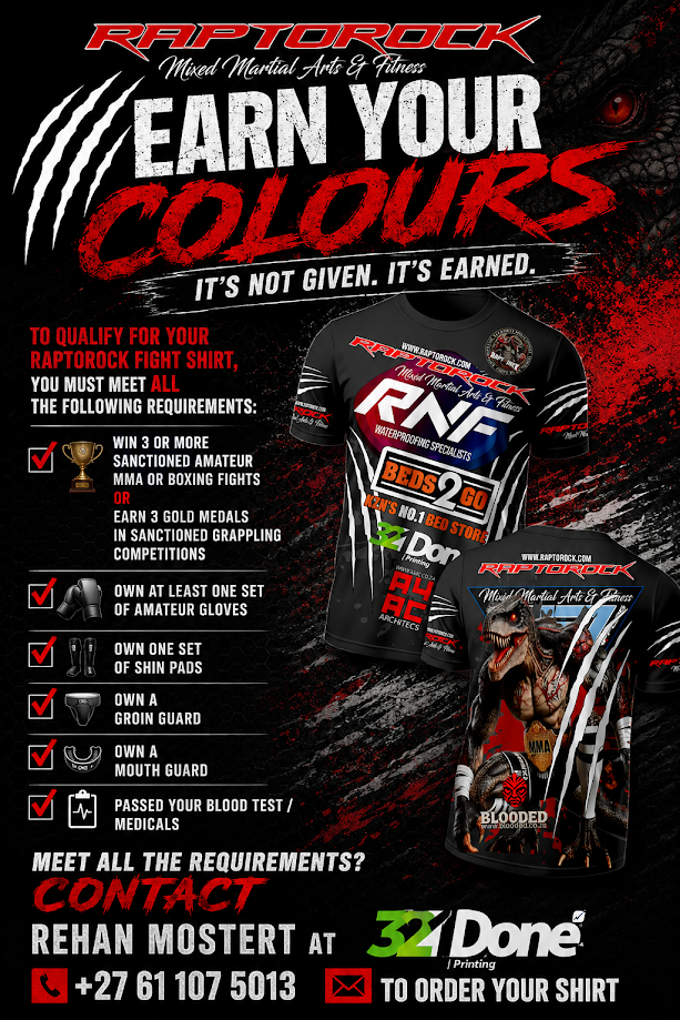 Earn Your Colours poster with RaptorocK fight shirt requirements